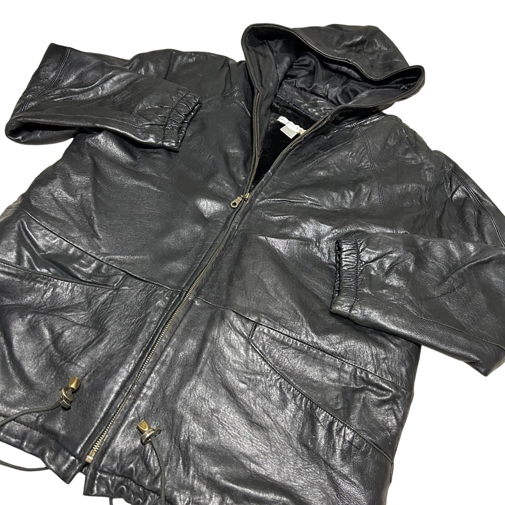 Preswick Moore Leather Jacket Womens L Black Hooded Zip Out Faux Fur Liner 1212